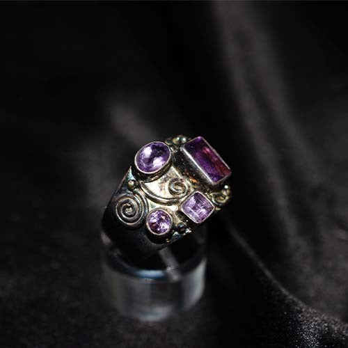 925 Sterling Silver Amethyst Multi-Shape Ornate Ring
