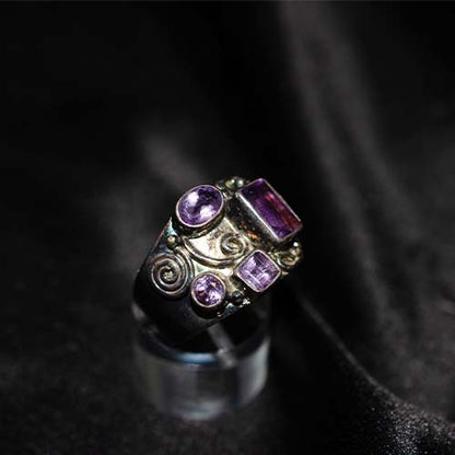 925 Sterling Silver Amethyst Multi-Shape Ornate Ring