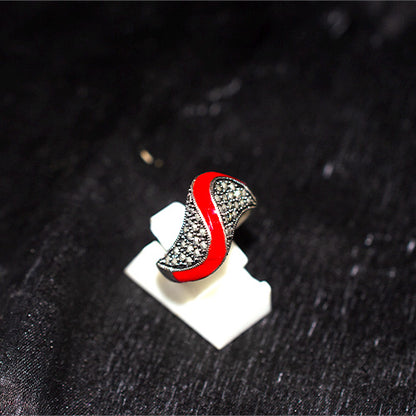 925 Sterling Silver Turkish Marcasite and Red Enamel Wave Ring