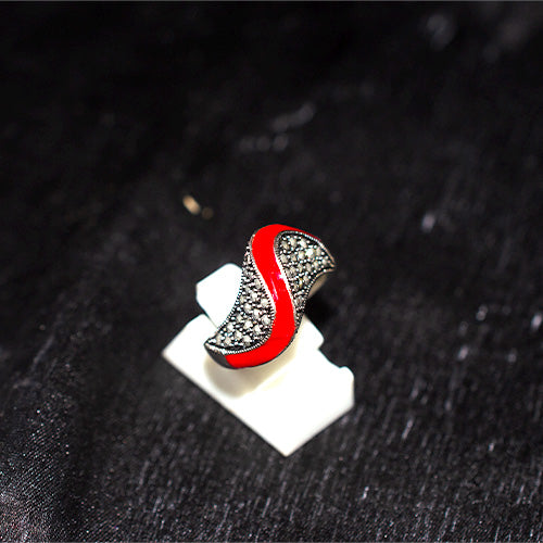 925 Sterling Silver Turkish Marcasite and Red Enamel Wave Ring