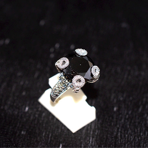 925 Sterling Silver Turkish Faceted Black Onyx with Marcasite Loop Prong Ring