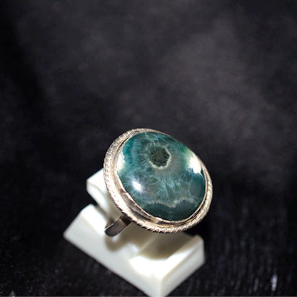 925 Sterling Silver Round Orbicular Agate Ring with Rope Bezel