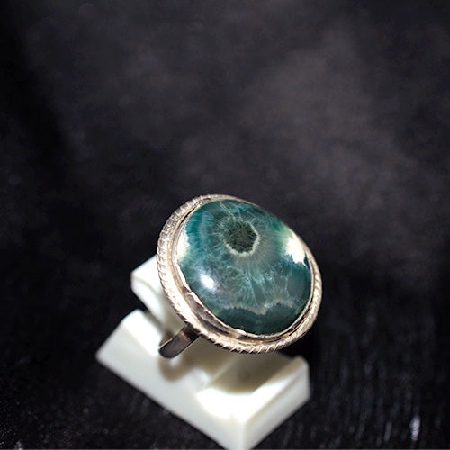 925 Sterling Silver Round Orbicular Agate Ring with Rope Bezel