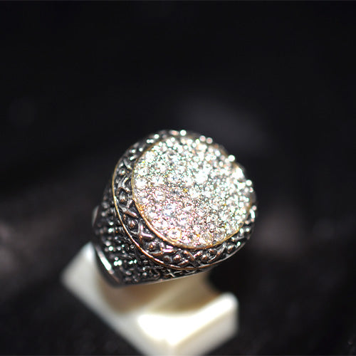 925 Sterling Silver Turkish White CZ Pave Round Motif Ring