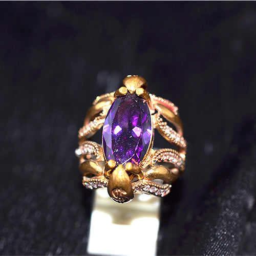6 Carat Gold Plated Turkish Marquise Amethyst Botanical Motif Ring
