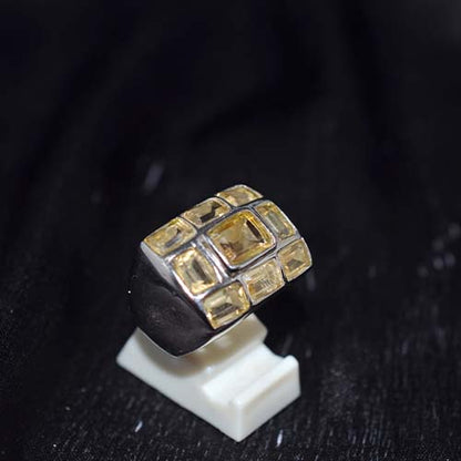 925 Sterling Silver Yellow Citrine Nine Stone Geometric Ring