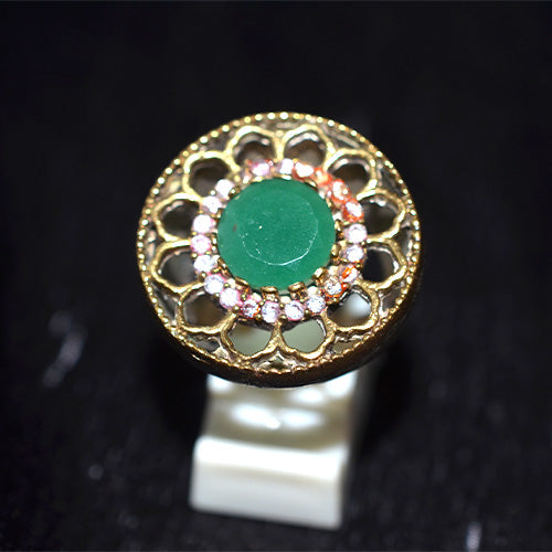 6 Carat Gold Plated Green Agate Pink Halo Filigree Ring