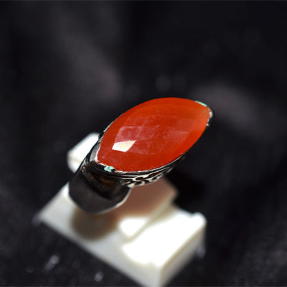 925 Sterling Silver Marquise Cut Carnelian Turkish Ring with Engraved Shank