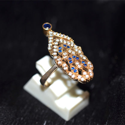 6 Carat Gold Plated Turkish Sapphire Pave Peacock Feather Ring