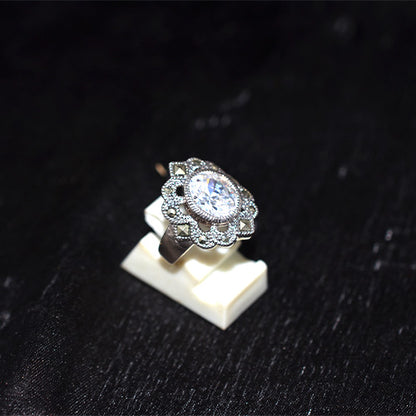 925 Sterling Silver Turkish Crystal and Marcasite Scalloped Halo Ring