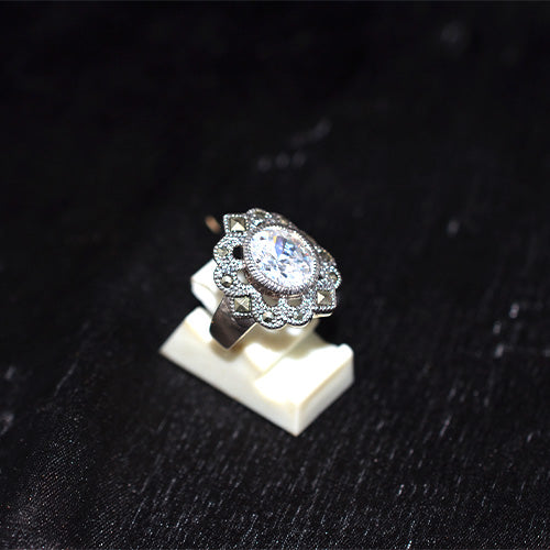 925 Sterling Silver Turkish Crystal and Marcasite Scalloped Halo Ring