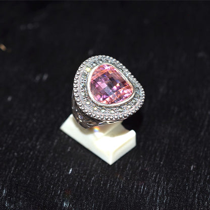 925 Sterling Silver Turkish Pink Crystal Trillion Ring with Marcasite Halo and Filigree Band