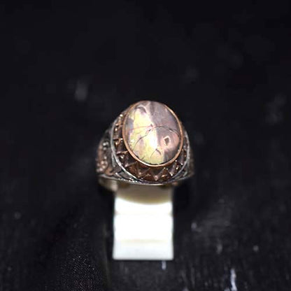 925 Sterling Silver Iridescent Oval Gemstone Ring with Gold-tone Bezel