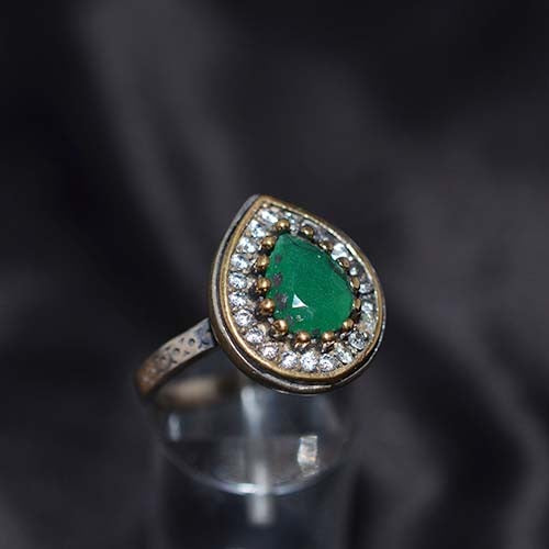 6 Carat Gold Plated Green and White Teardrop Halo Ring