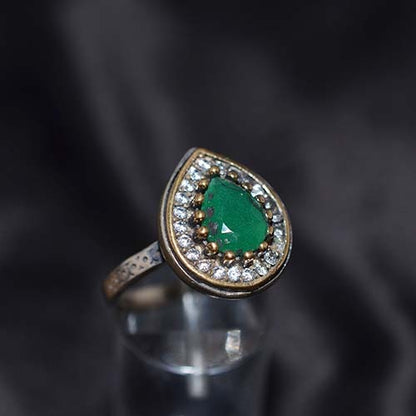 6 Carat Gold Plated Green and White Teardrop Halo Ring