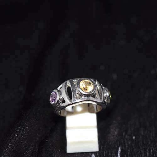 925 Sterling Silver Multicolor Gemstone Duo Setting Ring