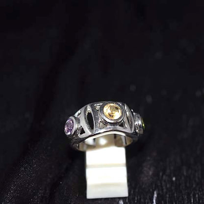 925 Sterling Silver Multicolor Gemstone Duo Setting Ring