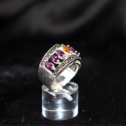 925 Sterling Silver Turkish Multigem Crown Motif Ring