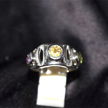 925 Sterling Silver Multi Gemstone Openwork Three Stone Ring