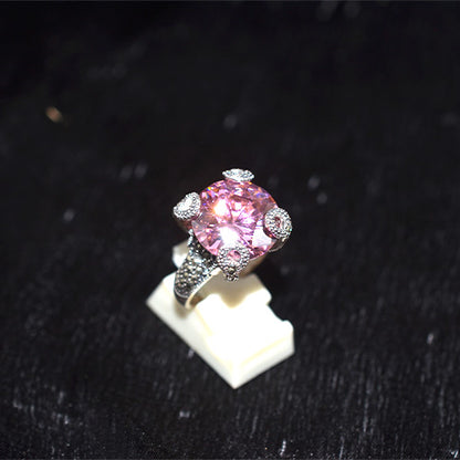 925 Sterling Silver Turkish Large Pink Crystal with Heart Prong Marcasite Ring