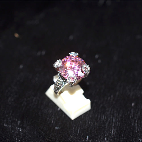 925 Sterling Silver Turkish Large Pink Crystal with Heart Prong Marcasite Ring