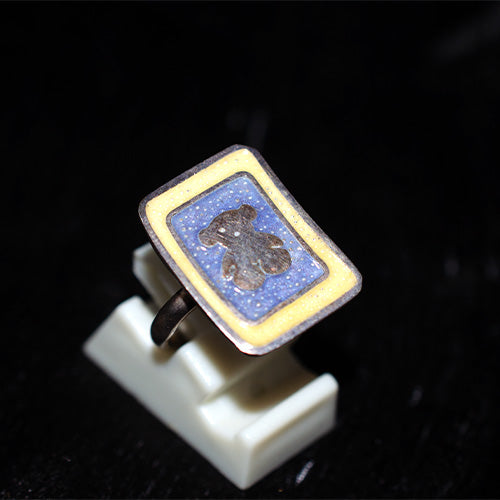 925 Sterling Silver Enamel Teddy Bear Rectangle Ring