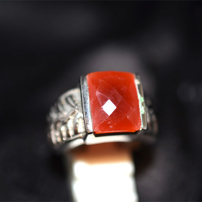 925 Sterling Silver Rectangle Carnelian Turkish Ring with Carved Shank