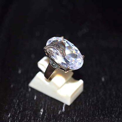 6-Carat-Gold-Plated Large Oval Crystal Ring with Marcasite Leaf Motif