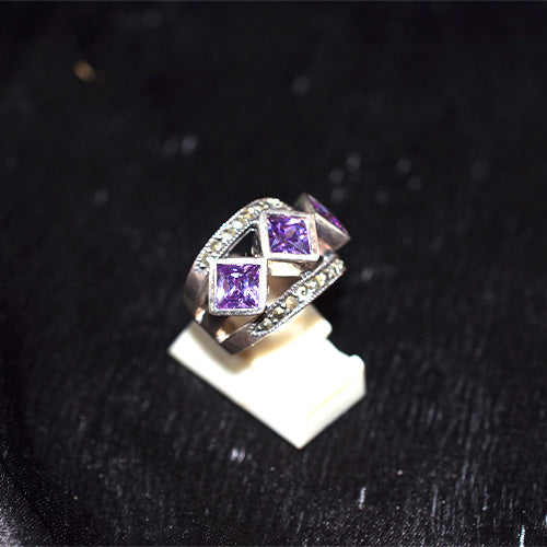 925 Sterling Silver Turkish Amethyst and Marcasite Bypass Ring