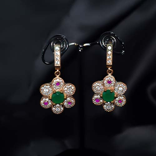 6 Carat Gold Plated Floral Emerald Ruby Cz Earrings
