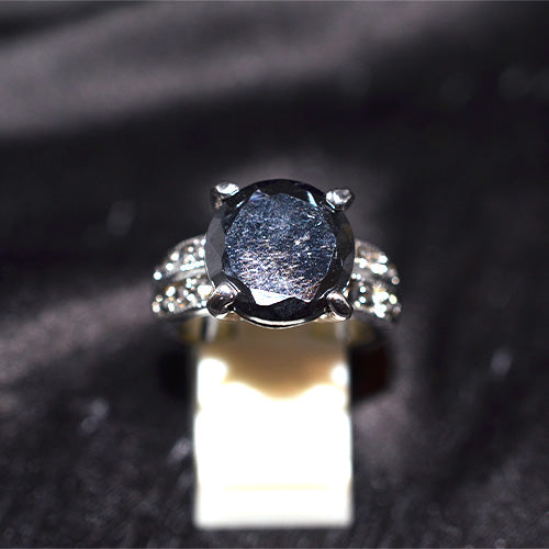 925 Sterling Silver Round Black Spinel Ring with Pave Shank