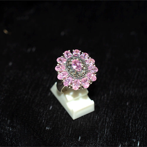 925 Sterling Silver Turkish Pink Crystal and Marcasite Double Halo Flower Ring