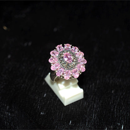 925 Sterling Silver Turkish Pink Crystal and Marcasite Double Halo Flower Ring