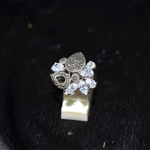 925 Sterling Silver Turkish Marcasite and Crystal Spray Motif Ring