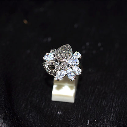 925 Sterling Silver Turkish Marcasite and Crystal Spray Motif Ring