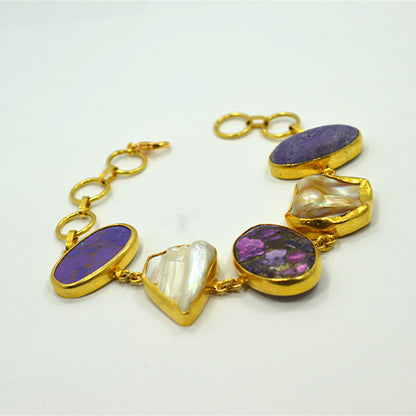 6 Carat Gold Plated Purple Gemstone and Pearl Link Bracelet