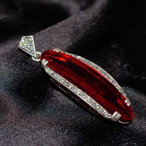 925 Sterling Silver Red Agate Marcasite Navette Pendant