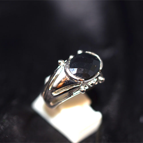 925 Sterling Silver Oval Black Onyx Beaded Accent Ring