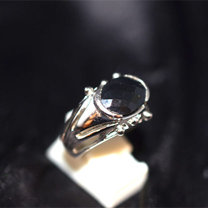 925 Sterling Silver Oval Black Onyx Beaded Accent Ring