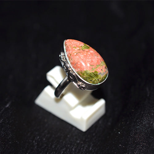 925 Sterling Silver Unakite Teardrop Ring with Ornate Setting