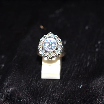 925 Sterling Silver Turkish Crystal and Marcasite Floral Halo Ring