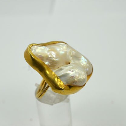6 Carat Gold Plated Baroque Pearl Organic Design Ring