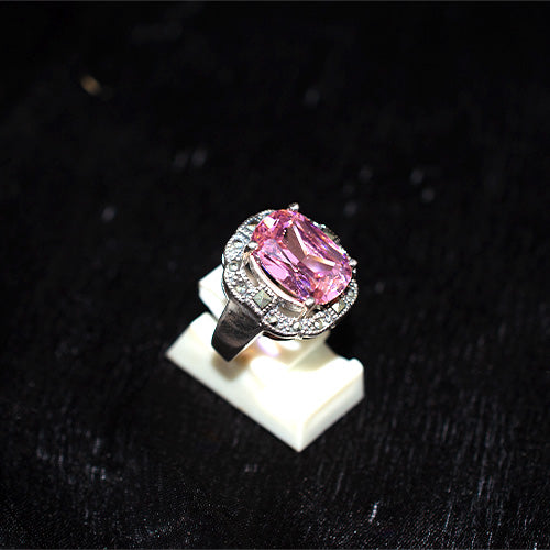 925 Sterling Silver Turkish Pink Crystal and Marcasite Oval Halo Ring