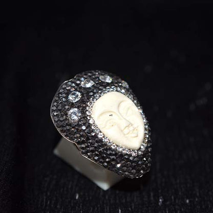 925 Sterling Silver Carved Moon Face Pave Ring