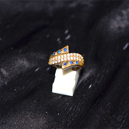 6 Carat Gold Plated Turkish Blue Cubic Zirconia Crossover Ring