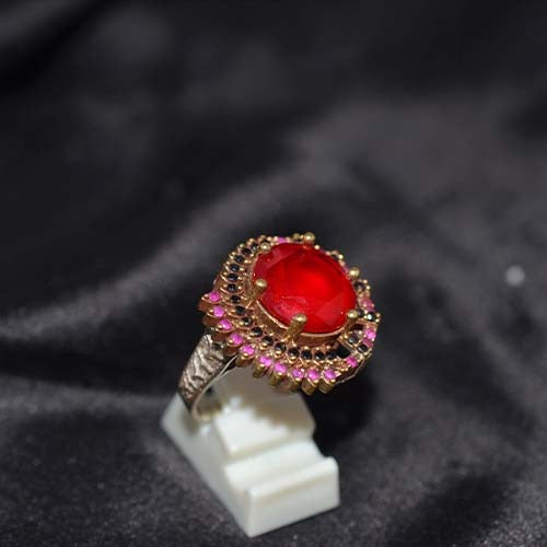 6 Carat Gold Plated Red Onyx Double Halo Ring