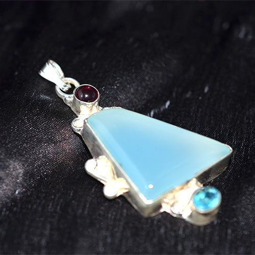 925 Sterling Silver Blue Chalcedony Garnet Topaz Geometric Pendant