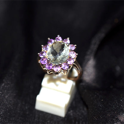 925 Sterling Silver Green Amethyst and Amethyst Halo Ring