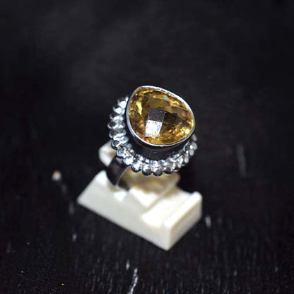 925 Sterling Silver Citrine Ring with Granulated Halo