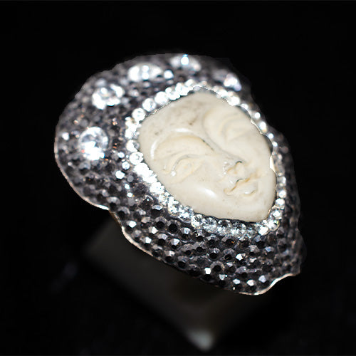 925 Sterling Silver Turkish Handmade Carved Bone Pave Halo Ring